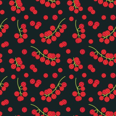 Koyu arkaplanda kırmızı frenk üzümü ve dalları olan kusursuz vektör deseni..