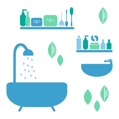 Düz banyo iç vektör çizimi. Raflarda kaplıca ve temizlik malzemeleri, banyo ve duş, lavabo izolasyonu..