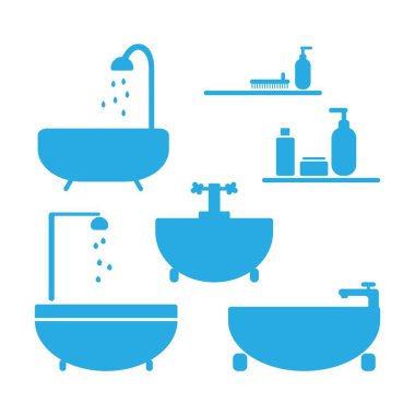 Banyo malzemelerinin en az mavi renkte görüntüsü beyazda izole edilir. Banyo simgeleri, duş, hijyen öğeleri vektör illüstrasyonu.