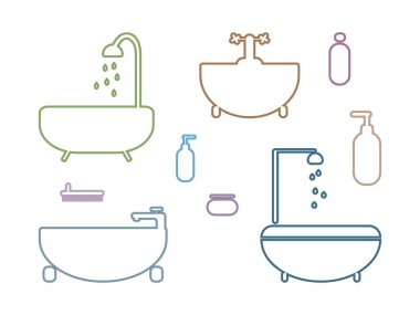 Banyo malzemelerinin hatlarının çok renkli vektör çizimi. Minimalist banyo, duş, hijyen malzemeleri..