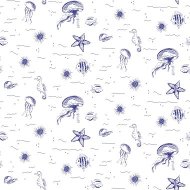 Su altındaki deniz canlıları ve balıklarla el yapımı dikişsiz desen. Kağıt ve kumaş için tek renkli baskı.