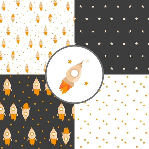 Set Seamless Vector Illustrations Cute Rockets Stars Minimalist Patterns Good — Stock Vector