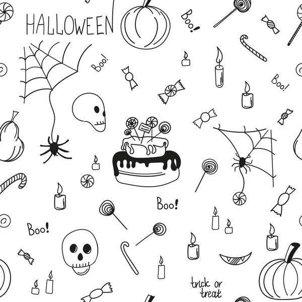 Padrão Vetorial Sem Costura Desenho Linear Feliz Halloween Preto Fundo — Vetor de Stock