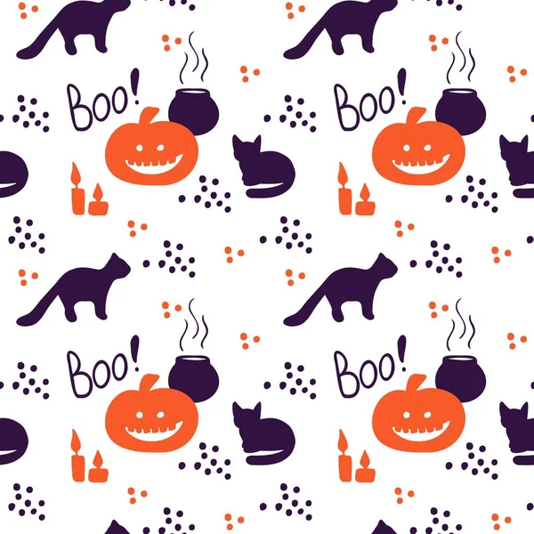 Feliz Dia Das Bruxas Padrão Sem Costura Celebração Com Gatos — Vetor de Stock
