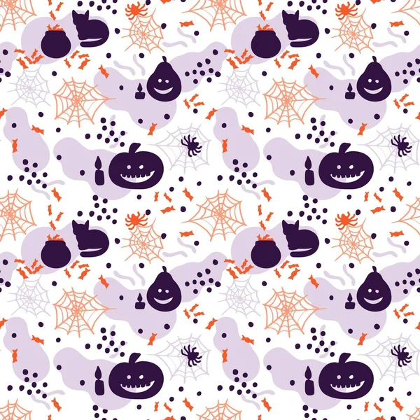 Bezproblémový Vzor Dýněmi Pavouky Pavučinami Černými Kočkami Svíčkami Šťastný Halloween — Stockový vektor