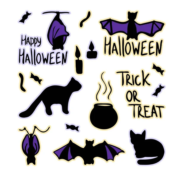 Ilustrações Vetoriais Coleta Para Adesivos Dia Halloween Com Gatos Doces — Vetor de Stock