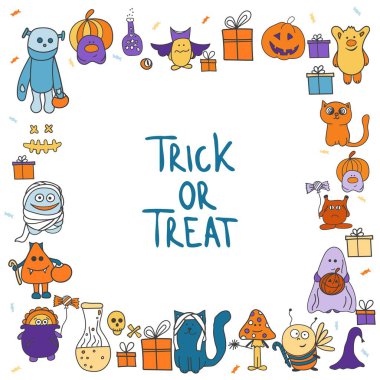 Kare şeklinde bayrak taşıyıcı illüstrasyonu. Şeker mi şaka mı? Mutlu Cadılar Bayramı desen çerçevesinin harfleri ve karakterleri.