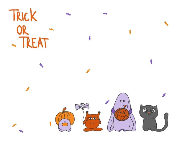 Trick Eller Behandla Hälsning Banner Med Söta Halloween Tecken — Stock vektor