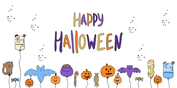 Καλή Halloween Χαιρετισμό Πανό Αστεία Χαρακτήρες Μπαλόνια Χαριτωμένο Κολοκύθες Νυχτερίδες — Διανυσματικό Αρχείο