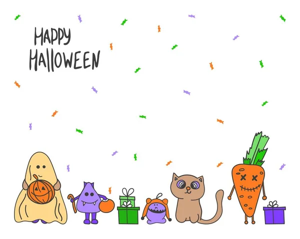 Φωτεινό Διάνυσμα Ευτυχισμένη Halloween Banner Αστεία Χαριτωμένο Ζωγραφισμένα Στο Χέρι — Διανυσματικό Αρχείο