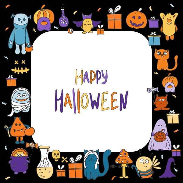Feliz Festa Halloween Saudando Banner Com Personagens Bonitos Letras Ilustrações — Vetor de Stock