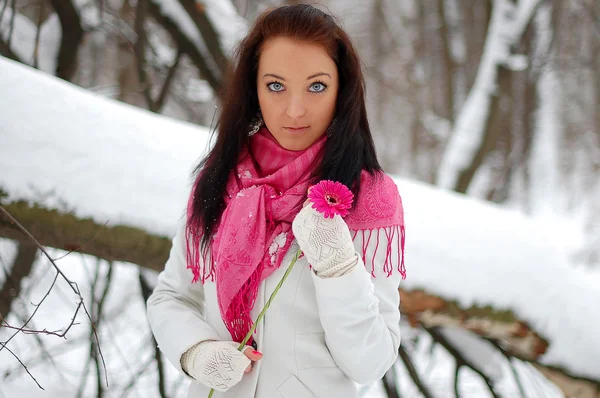Beautiful blue-eyed girl standing in a winter forest — Stockfoto