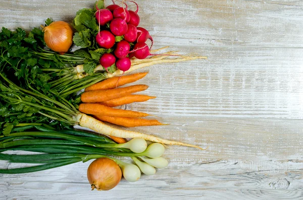 Verduras jóvenes de primavera sobre fondo de madera. Las zanahorias, el rábano, el perejil, la cebolla - la cosecha fresca del jardín — Foto de Stock