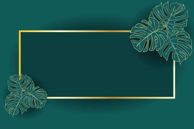 Altın çerçeveli lüks yeşil arka plan ve Canavar yaprağı süsü