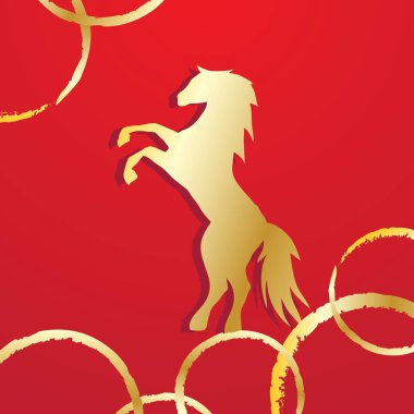 Kırmızı arka planda altın at silueti ve lüks süsler.