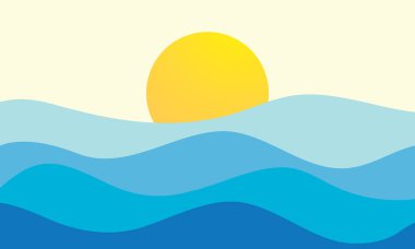 Dalgalı mavi okyanusta güneşin doğuşunun ya da batışının tasviri