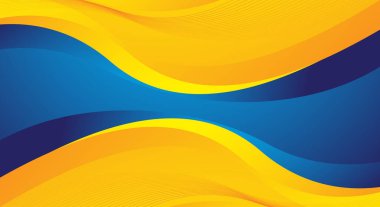 Mavi ve sarı kıvrımlı dinamik dalgalarla modern soyut arkaplan