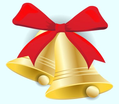 Kırmızı kurdeleyle bağlanmış bir çift altın Noel çanı.