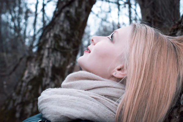 Bela jovem mulher em um frio congelante dia de inverno — Fotografia de Stock