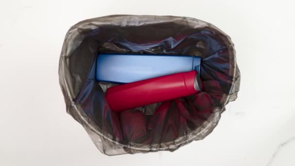 Garbage Bag Filling Empty Plastic Cosmetics Bottles Stop Motion Animation — Stock Video