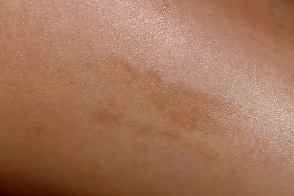 Bir kadın derisinin derisinden deri yüzen vücut fırçasıyla yakın çekim makro görüntüsü. Görünür parçacıklara sahip kremsi beyaz doku cilt bakımını ve güzellik kavramlarını vurgular.