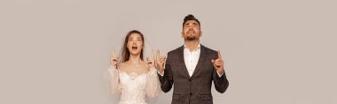 excited newlyweds looking up and pointing with fingers isolated on grey, banner