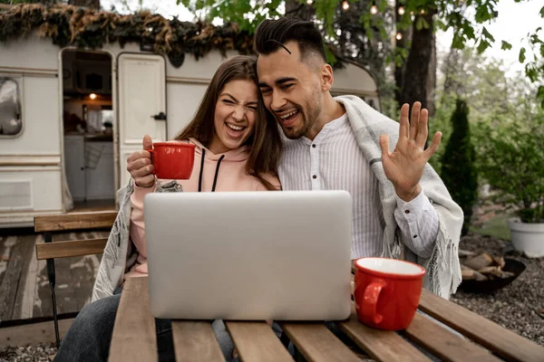 Cheerful Couple Waving Hands Video Call Camping —  Fotos de Stock