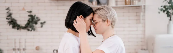 Vista lateral de la joven pareja lesbiana abrazándose en la cocina, pancarta - foto de stock
