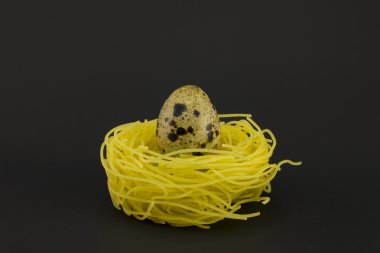 Karanlık bir arka plan üzerinde yuva şeklinde ince makarna.