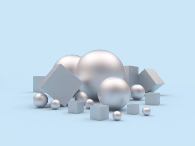 Mavi arka planda farklı boyutlarda gümüş küreler ve küplerden oluşan bir grup. 3d illüstrasyon