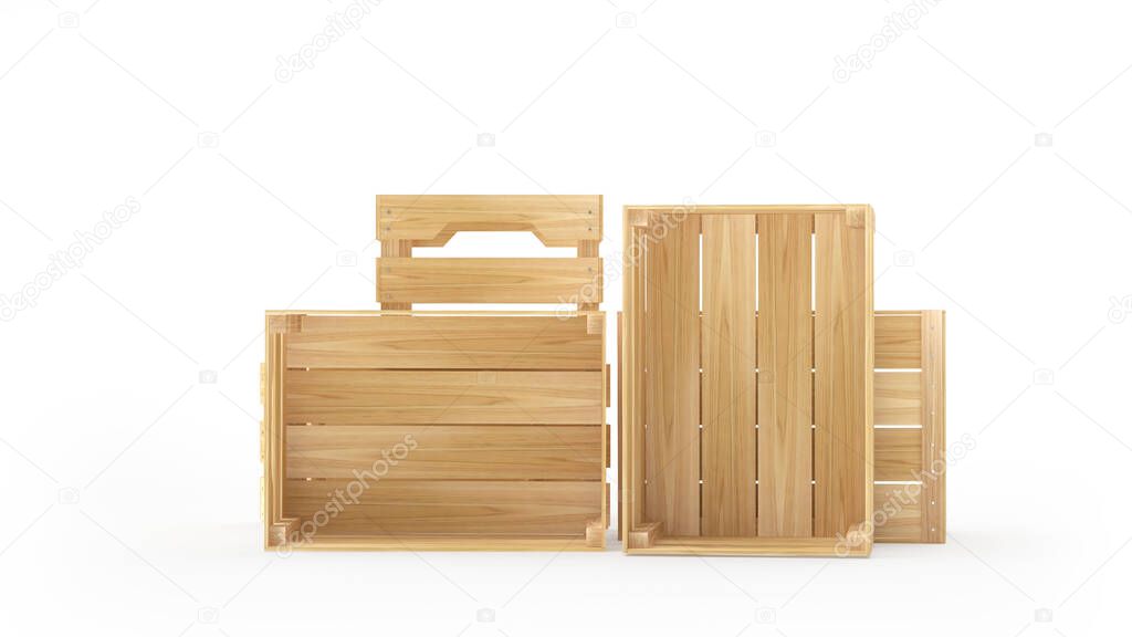 A pile of empty wooden crates lie on the side isolated on white. 3D illustration
