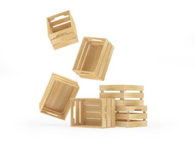 Düşen ve ayakta duran tahta sandıklar beyazın üstüne izole edilmiş. 3d illüstrasyon