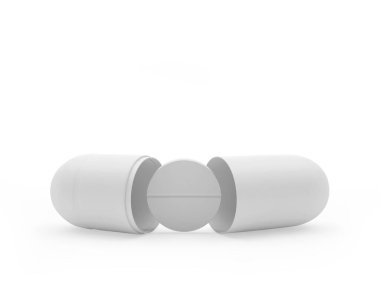 Beyaz ilaç kapsülünden beyaz bir hap düşüyor. 3B illüstrasyon 