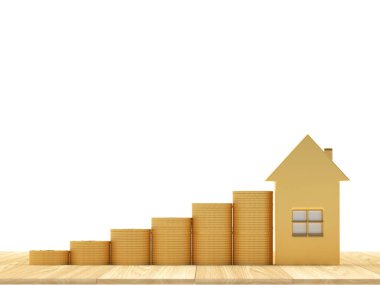 Beyaz, ahşap zeminde bir grafik olarak madeni para yığınları bulunan ev simgesi. 3d illüstrasyon 