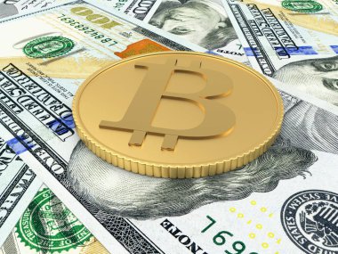 Dolar banknotları üzerinde Bitcoin. 3d illüstrasyon