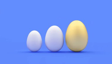 Mavi üzerine bir sıra beyaz ve bir altın yumurta. 3d illüstrasyon 