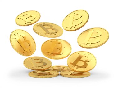 Bitcoin para yığını beyazın üzerine izole bir şekilde düşüyor. 3d illüstrasyon 