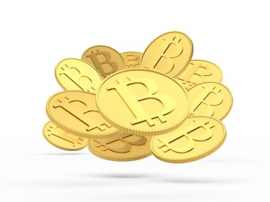 Beyaz üzerine izole edilmiş altın bitcoin para yığını. 3d illüstrasyon