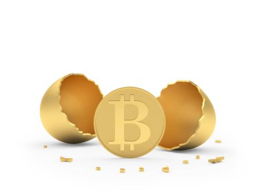 Altın yumurta kabuklu Bitcoin. 3d illüstrasyon 