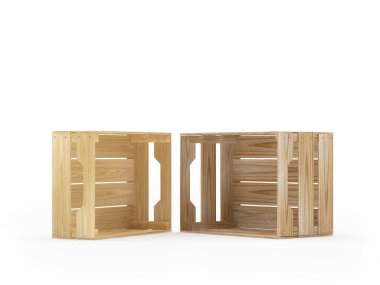 İki boş ahşap sandık yan tarafta, beyaz üzerine izole bir şekilde duruyor. 3B illüstrasyon