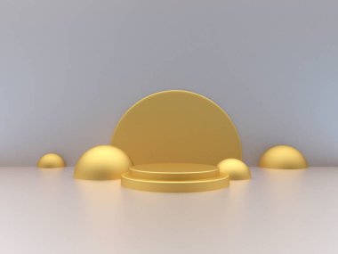 Boş altın kürsü ya da gri renkli yarıküresi olan sahne. 3d illüstrasyon