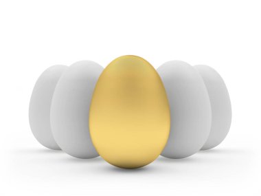 Sıralar dolusu beyaz yumurta ve bir altın yumurta. 3d illüstrasyon 