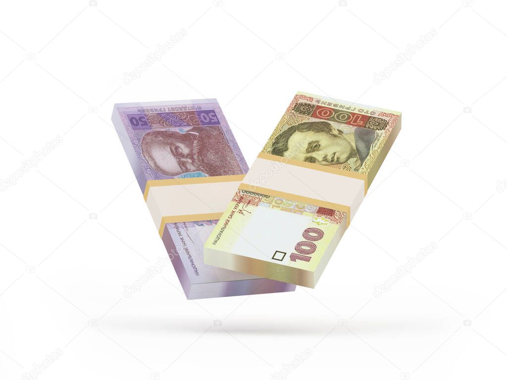 Packs of fifty and one hundred hryvnia banknotes of the Ukrainian currency. 3D illustration 