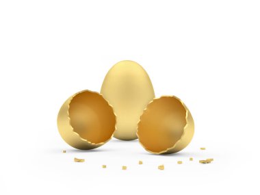 Kırık bir altın yumurtanın iki yarısı, beyaza karşı bir yumurtanın yanında. 3d illüstrasyon 