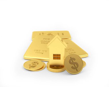 Altın külçelerindeki ev ikonu ve beyaza izole edilmiş dolar paraları. 3d illüstrasyon 