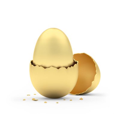 Altın kırılan yumurta kabuğu, içinde altın bir yumurta. 3d illüstrasyon 