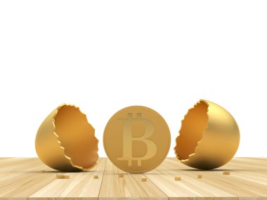 Ahşap yüzeyinde kırık yumurta kabuğu olan bitcoin para. 3d illüstrasyon 