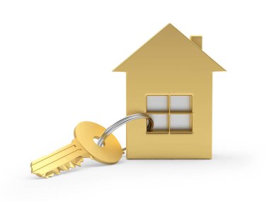 Altın renkli ev ikonu olan altın anahtar beyaza izole edilmiş. 3d illüstrasyon 