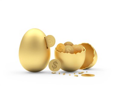 Altın yumurta kumbarası ve bozuk paralarla dolu kırık yumurta. 3d illüstrasyon 