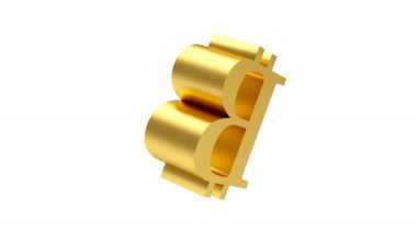 Bitcoin işareti beyaz üzerine çevrilmiş ve alfa kanalı 3 boyutlu animasyon. 4K çözünürlüğü 